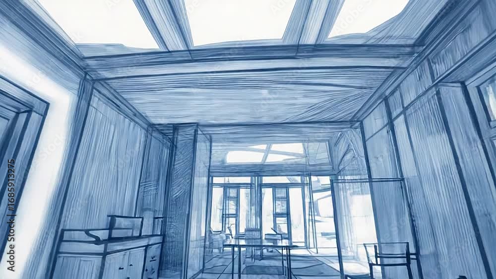 Aufkleber blueprint of empty modern open space interior design project