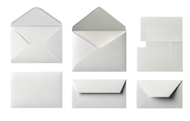 Six blank white envelopes in various styles, displayed top-down.  Different sizes and flap styles, showcasing mail preparation