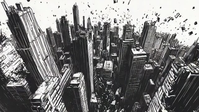 Crumbling metropolis under attack, buildings falling apart in disturbing scene