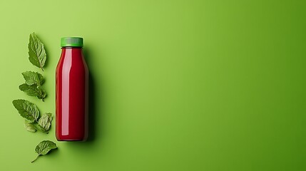 Vibrant red juice bottle with fresh spinach leaves on green background