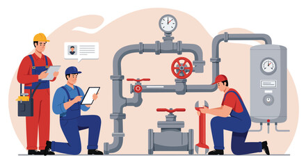 Fototapeta premium Plumbers Working on Plumbing Systems - Installation and Maintenance