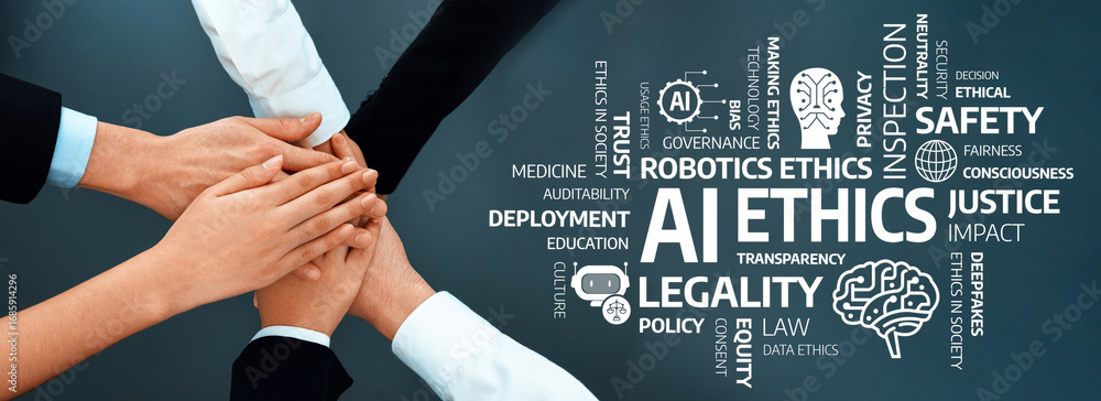 Poster a dynamic visual representation emphasizing the collaboration and principles of ai ethics, highlight