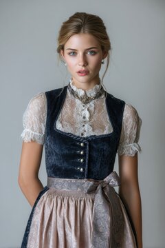 Dunkelblaues Dirndl mit Spitzenbluse und Satinband
