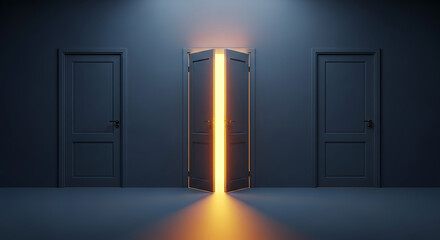 Discover new opportunities through an open door glowing with bright, inviting light.