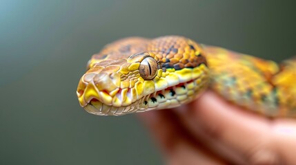 Obraz premium Close up of a beautifully patterned snake head held in a hand