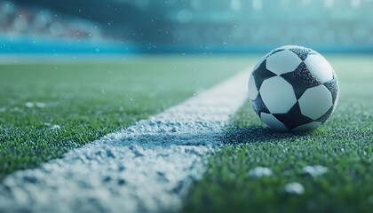 A close-up view of a soccer ball rolling on a vibrant green field, highlighting the details of the ball and the textured ground surface under stadium lights.