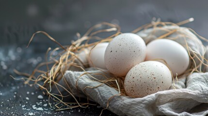 Celebrating world egg day with rustic farm fresh eggs display for culinary inspiration. Horizontal banner. Copy space. World Farm Animals Day. World Bird Day. Healthy farm food