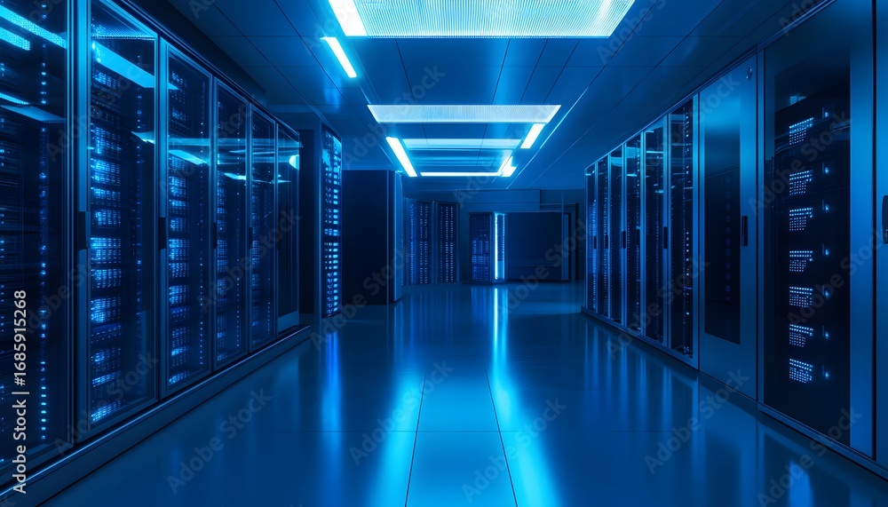 Poster a futuristic server room illuminated with blue led lights, showcasing rows of servers and high-tech 