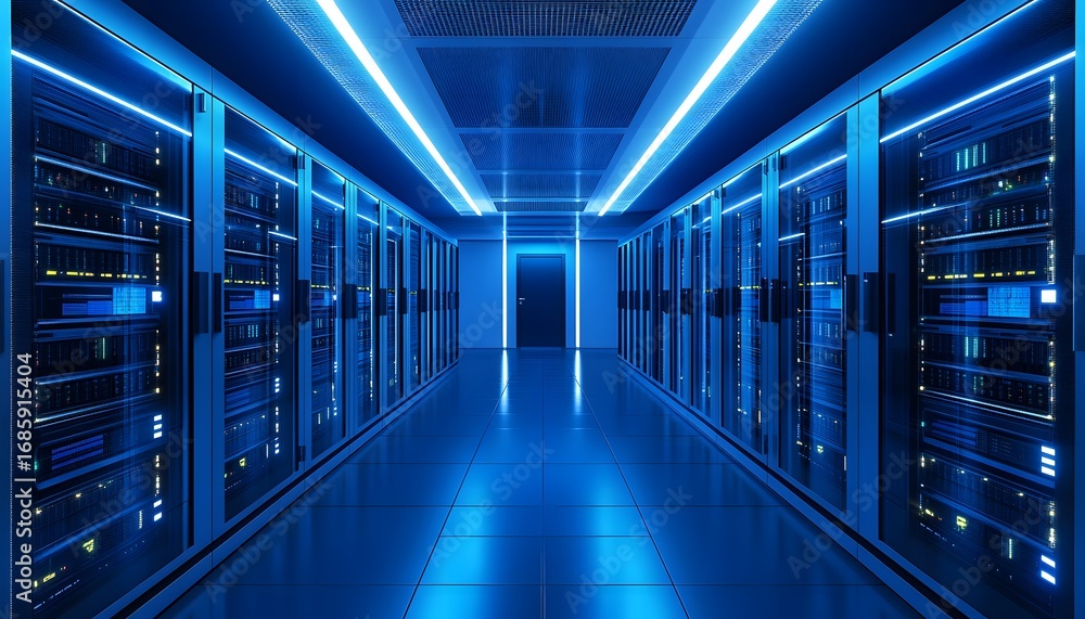 Aufkleber a modern data center featuring sleek server racks illuminated by blue led lights, symbolizing advanc