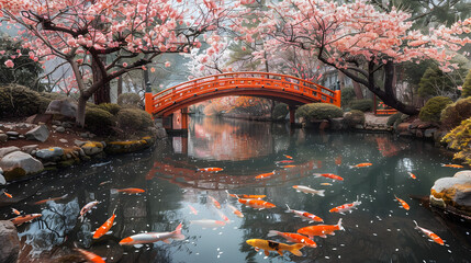 Japanese Zen Garden with Red Bridge