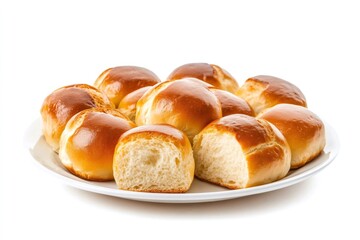 Freshly baked brioche buns arranged on a white plate, two of them broken open revealing soft interior, creating a tempting image of delicious homemade bread