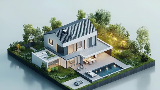 Modern sustainable house with garden and pool illuminating at dusk