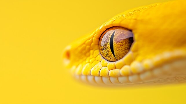 Close up of a vibrant yellow python s eye against a plain background