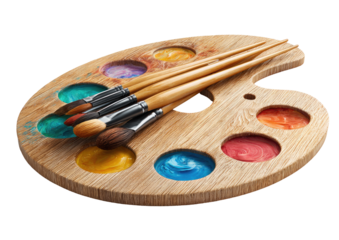Close-up of a wooden artist's palette with various paint colors and paintbrushes