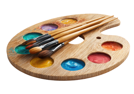 Close-up of a wooden artist's palette with various paint colors and paintbrushes