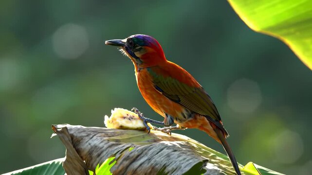 Vibrant Black-Headed Caique Parrot Vigorously Eats a Banana in a Lush Tropical Rainforest Setting.