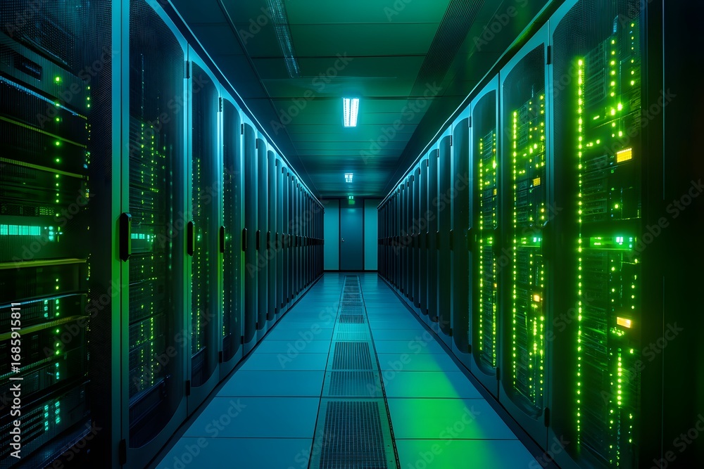 Aufkleber a vibrant, illuminated data center showcasing rows of servers with intricate wiring. cool colors cre