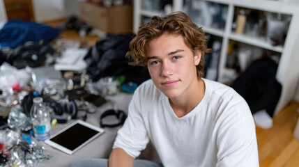Fototapeta premium A portrait of a young man sitting casually in a creatively messy space, showcasing the vibrant energy and passion often found in an artistic environment.