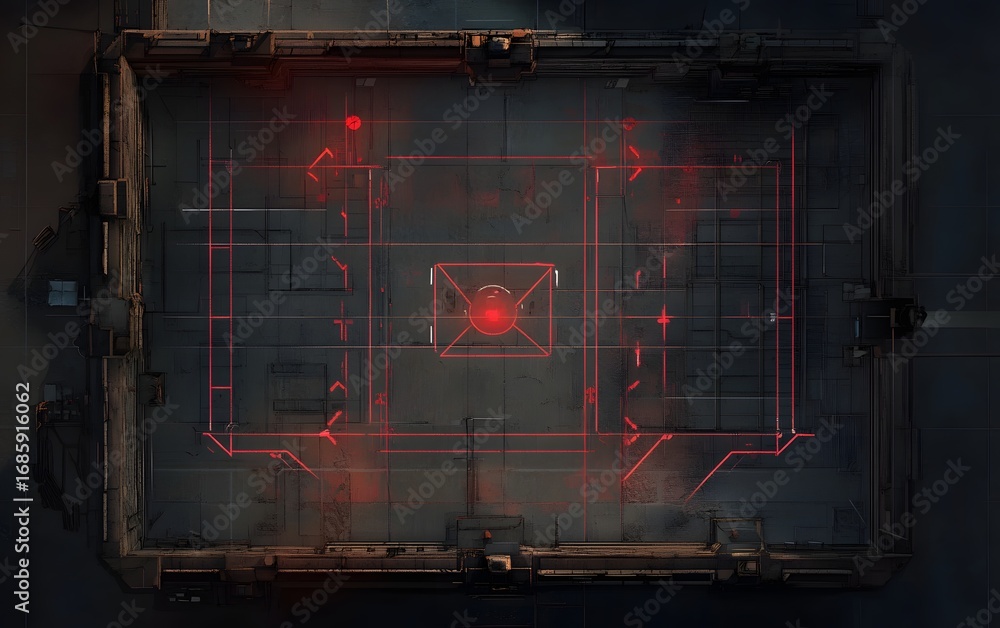 Poster an aerial view of a high-tech control room featuring intricate neon patterns and a pulsating red lig