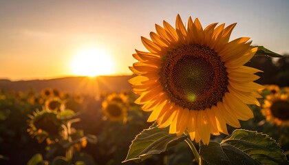 Obraz premium Sunflower field at sunset