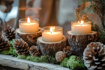 Three burning candles creating a cozy Christmas atmosphere with natural elements like pine cones, moss, and wood slices