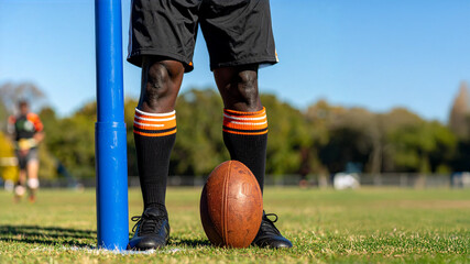 A rugby player stands on a grassy field, wearing black shorts, black socks with orange and white stripes, and cleats. A rugby ball rests beside a blue goalpost. The image captures a moment of readines