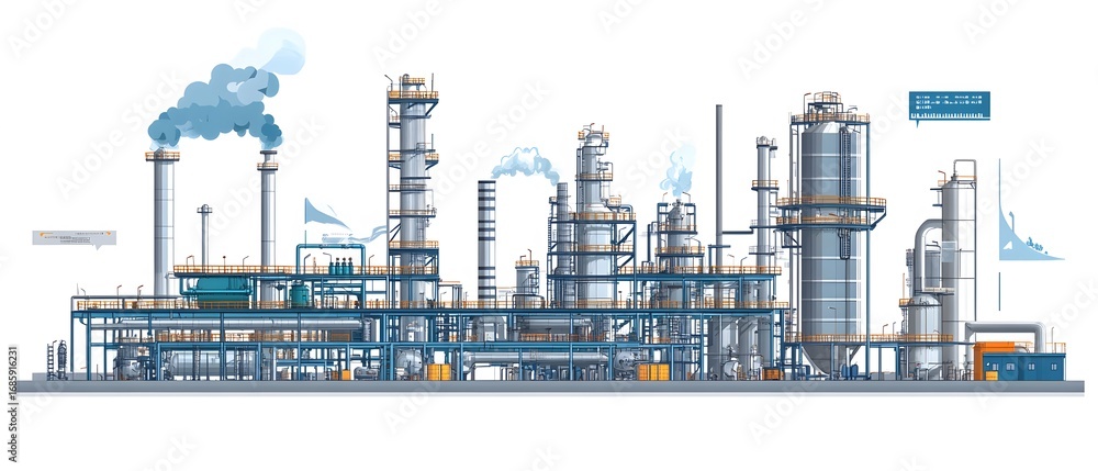 Poster an intricate diagram of a modern industrial plant showcasing various structures and operations, high