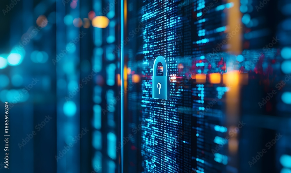 Poster close-up of a digital lock symbol against a backdrop of blue data streams, representing cybersecurit