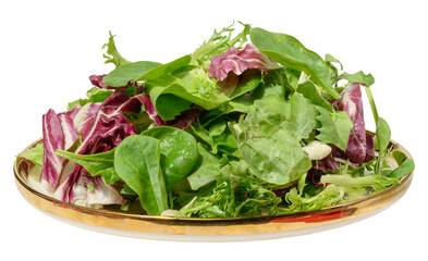 Fresh mixed green salad served in a heap on a white plate with a golden rim.