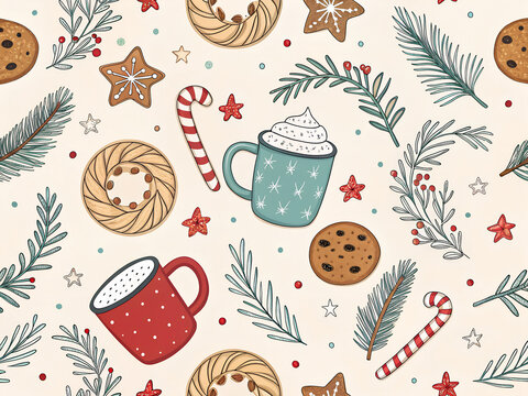 Cozy christmas pattern with hot chocolate mugs evergreen branches and cookies