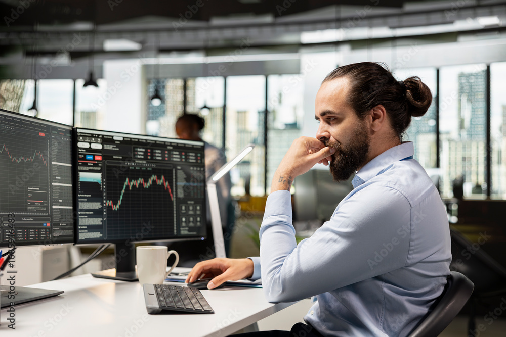 Poster trader at work tracking stock market trends and placing orders using trading software on pc. financi