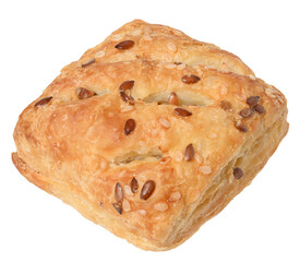 Ruddy puff pastry bun sprinkled with seeds. Isolated background