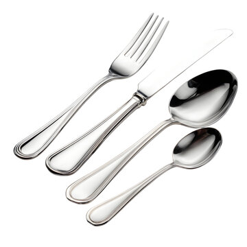 Elegant Stainless Steel Cutlery Set Fork Knife Teaspoon Tablespoon isolated on transparent background