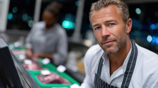 A confident man showcases his expertise while working at a sleek meat shop, emphasizing professionalism and a strong focus on customer satisfaction in the culinary world.