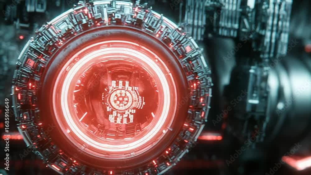 Poster futuristic engine glowing with red light in complex mechanism