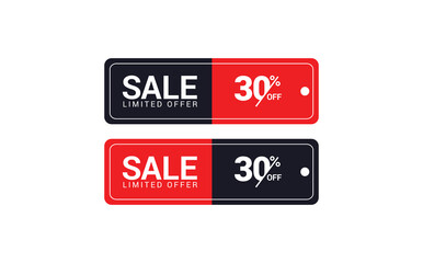 Sale discount offer 30% off tag, red rectangle sticker label vector for shop, retail and e-commerce marketing
