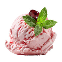Pink ice cream scoop, topped with a cherry and mint leaf