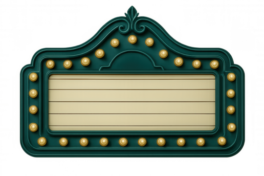 Vintage teal marquee sign glowing with golden lights, blank text area, isolated, ideal for event promotion and marketing design