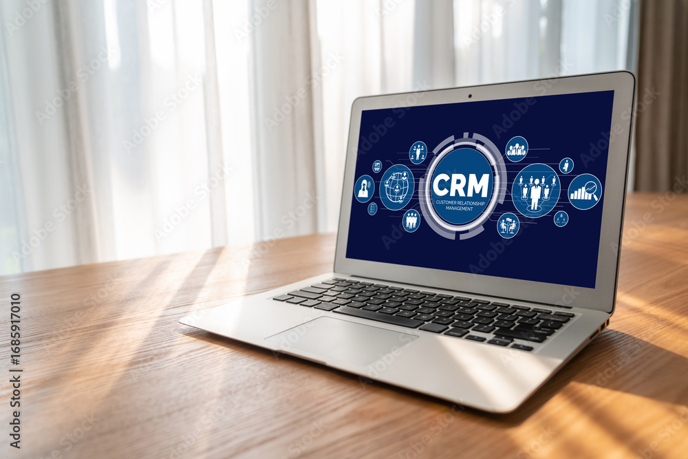 Poster customer relationship management system on modish computer for crm business and enterprise