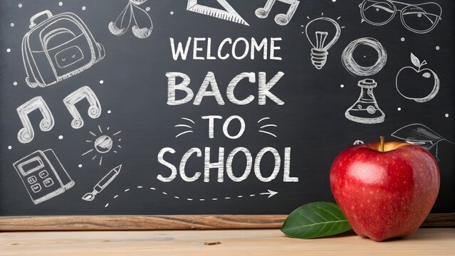 Welcome Back to School Chalkboard with Doodles and Red Apple – Education and Classroom Concept
