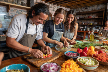 Chef teaching culinary students to prepare vegetables in rustic kitchen