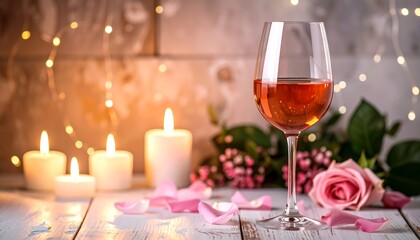 A romantic scene featuring a glass of pink wine, candles, flowers, and soft string lights
