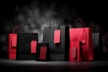 Black friday shopping bags with red tags displaying sales