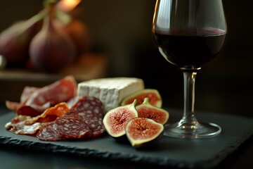 Slate cheese board featuring sliced salami, assorted cheeses, and fresh figs, perfectly paired with a glass of rich red wine