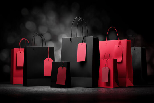 Black friday shopping bags with red tags displaying sales