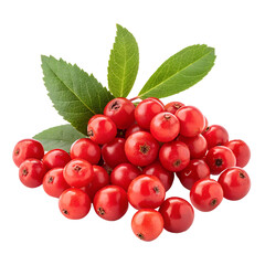 A cluster of bright red berries with green leaves. The berries are round and glossy, arranged closely together, showcasing their vibrant color and freshness.