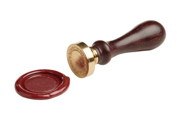 A polished brass seal stamp with a dark wooden handle rests beside a maroon wax seal impression