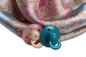 Two pacifiers, light pink and teal, rest on a draped silk scarf, patterned with pinks, blues, and gold