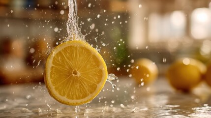 Crisp focus on vibrant lemon juice squeezing from a fresh slice droplets glistening midair with the kitchen scene blurred softly beyond the subject.
