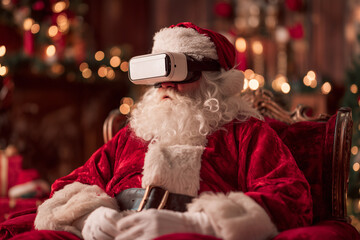 Santa claus wearing virtual reality headset relaxing near christmas tree